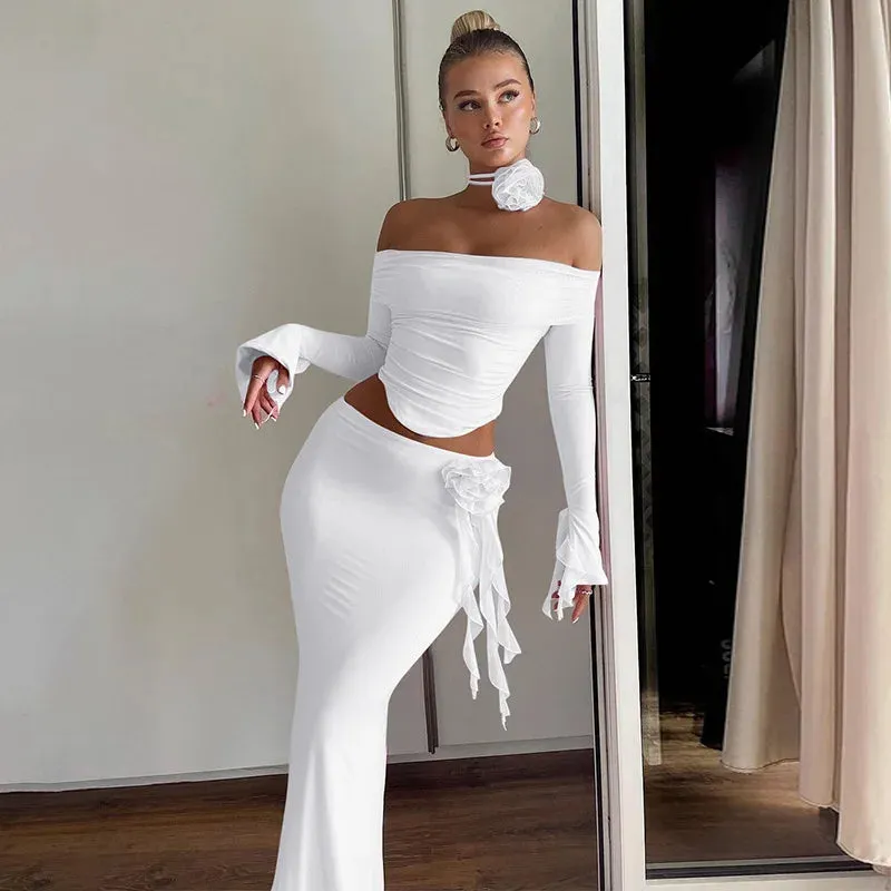 2-Piece Bodycon Skirt Set with Flower Slim Sexy Backless Lace-Up Tops Elegant Party Long Dress Skirt Suits