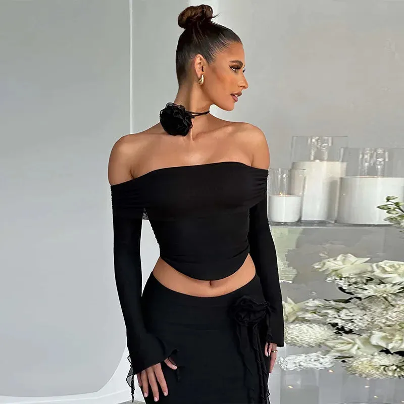 2-Piece Bodycon Skirt Set with Flower Slim Sexy Backless Lace-Up Tops Elegant Party Long Dress Skirt Suits