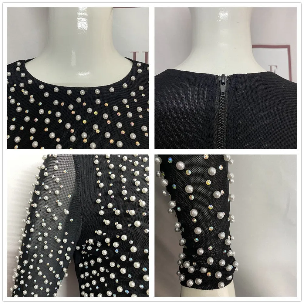 2 Piece Set  Beading Top Bodycon Bandage Skirt Sets Suits