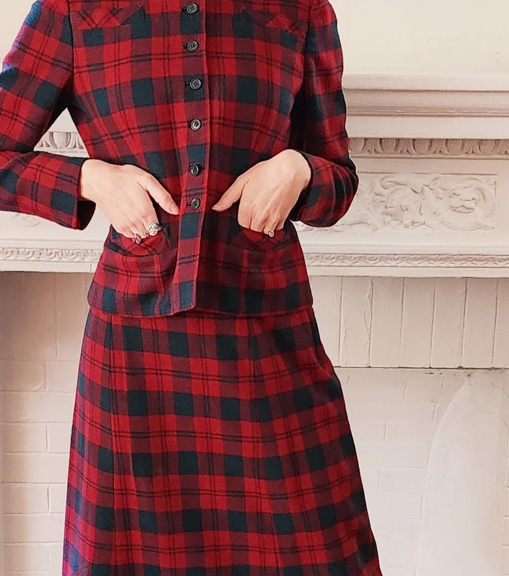 40s 50s Red Plaid Skirt Suit Best & Co. by Bardley Lindsay Tartan Small