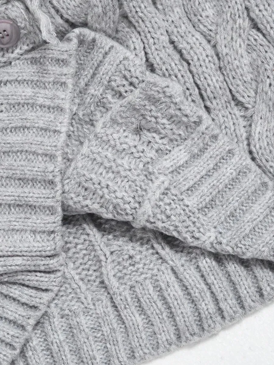 Adelina Fringe Cable Knit Cardigan Sweater in Grey