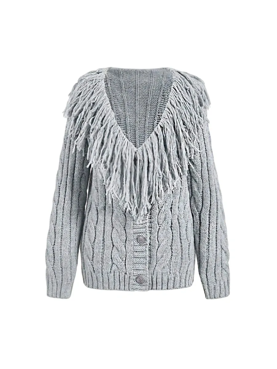 Adelina Fringe Cable Knit Cardigan Sweater in Grey