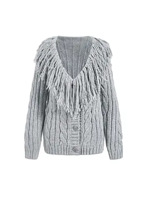 Adelina Fringe Cable Knit Cardigan Sweater in Grey