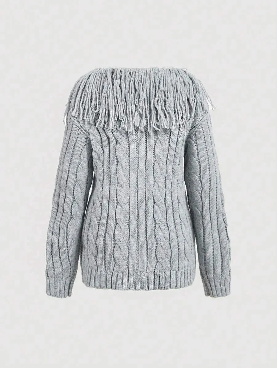 Adelina Fringe Cable Knit Cardigan Sweater in Grey