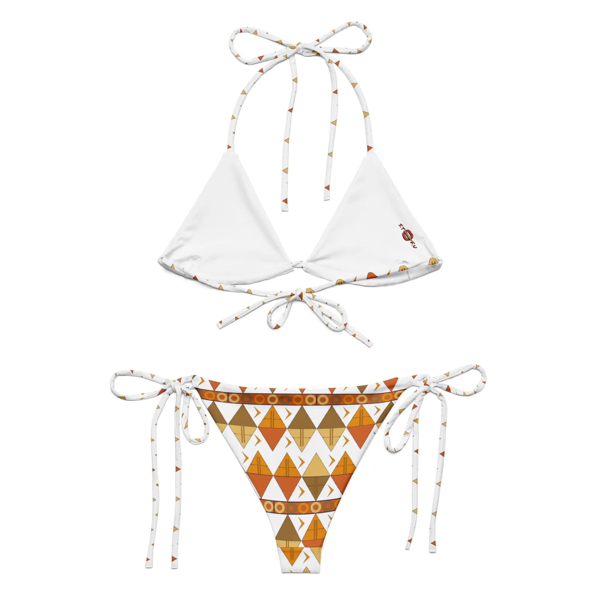African Tribal Print Recycled String Bikini - Earthy/White