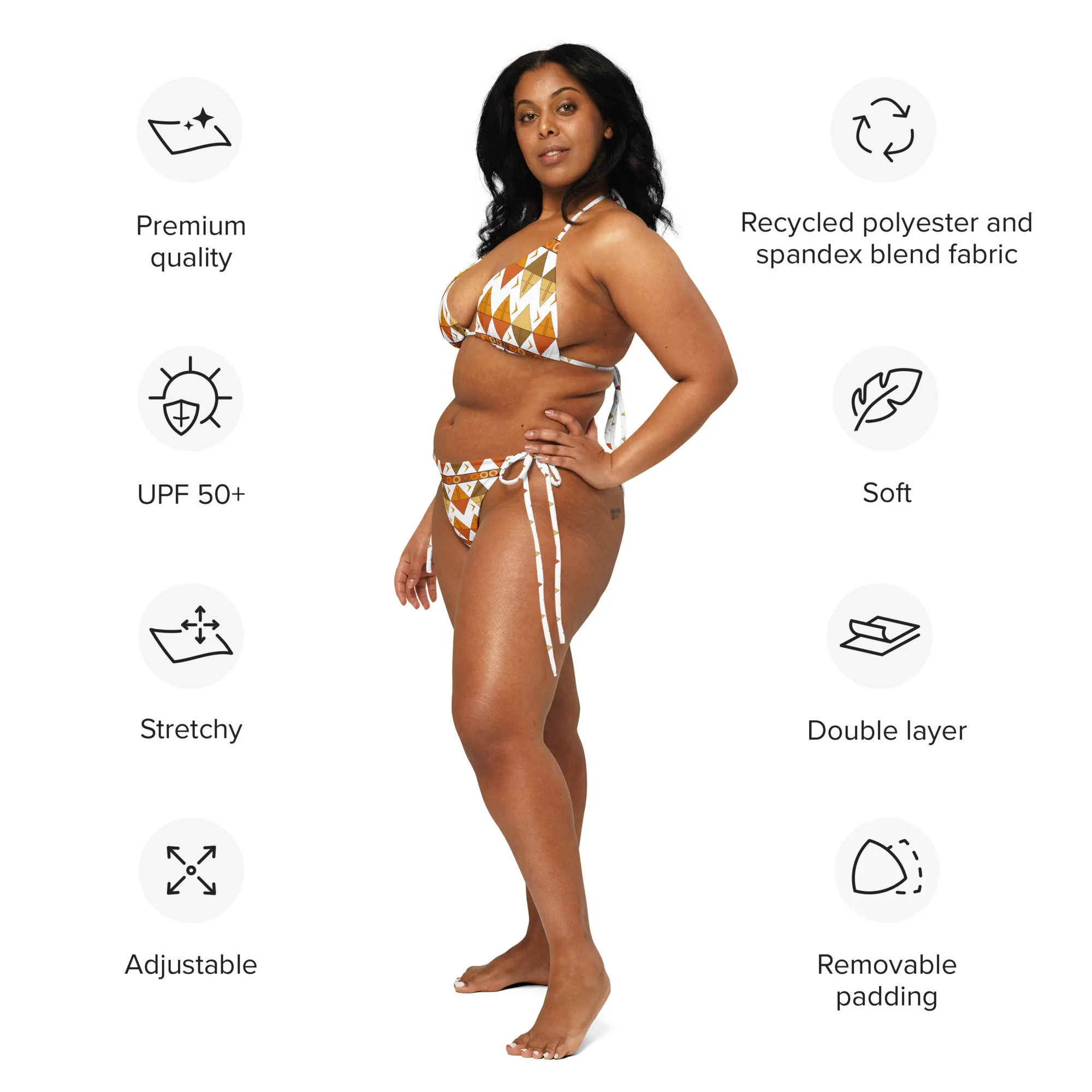African Tribal Print Recycled String Bikini - Earthy/White