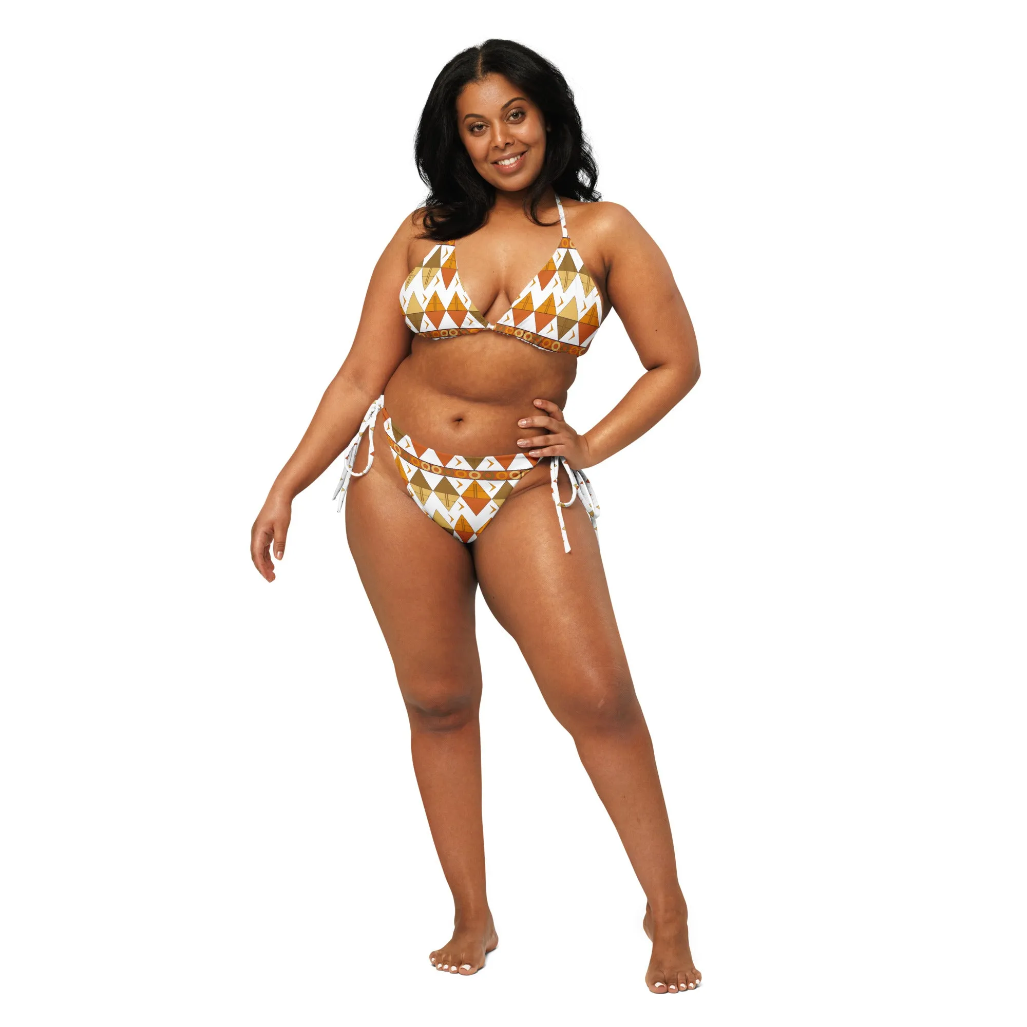 African Tribal Print Recycled String Bikini - Earthy/White