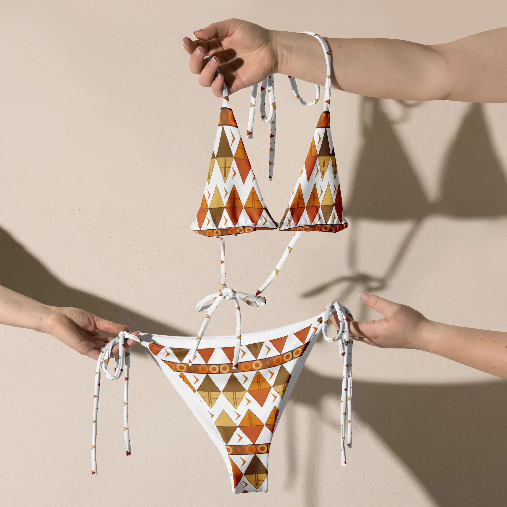 African Tribal Print Recycled String Bikini - Earthy/White
