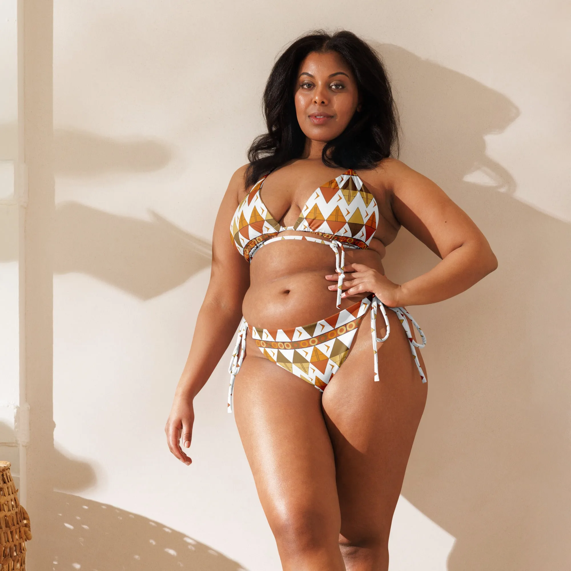 African Tribal Print Recycled String Bikini - Earthy/White