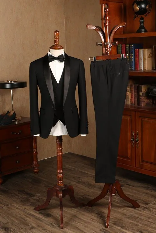 All Black Three-pieces Custom Wedding Suit For Grooms