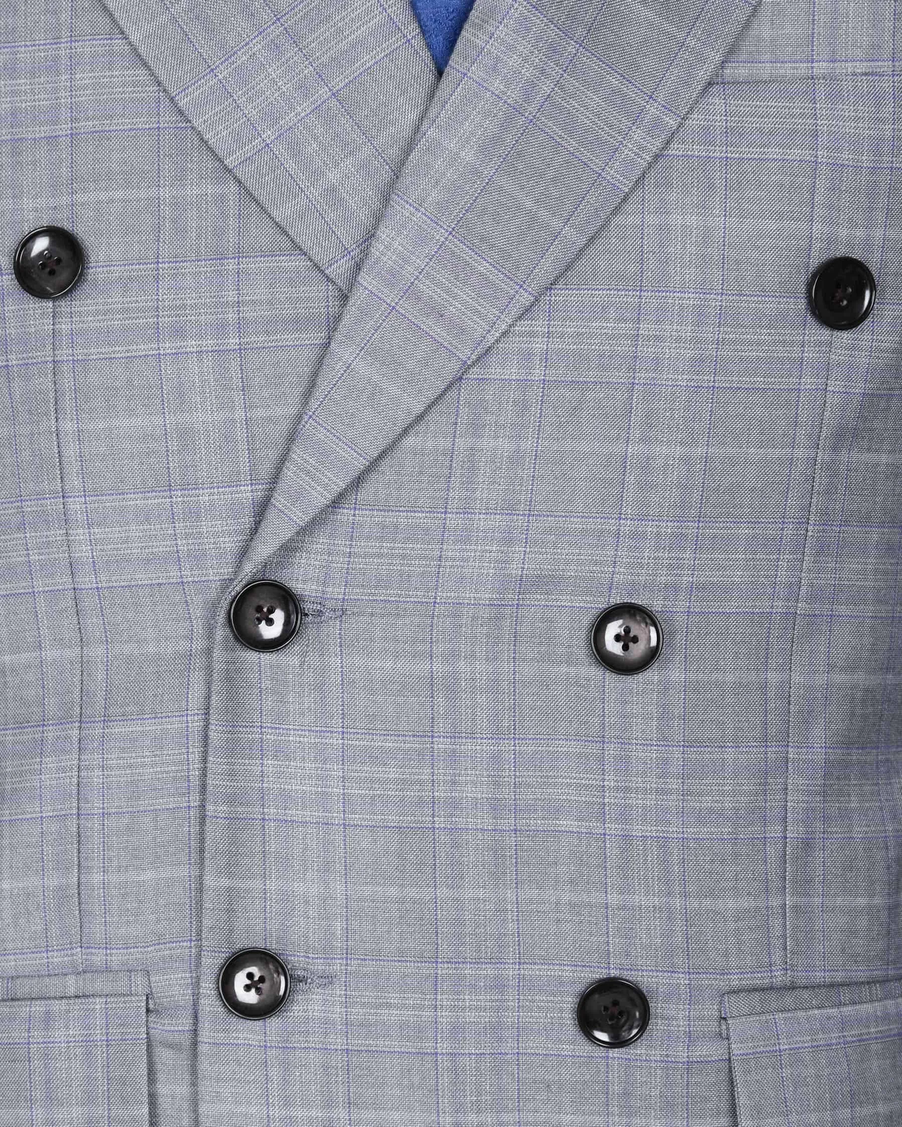 Aluminum Grey with Subtle Purple Checked Double Breasted Blazer