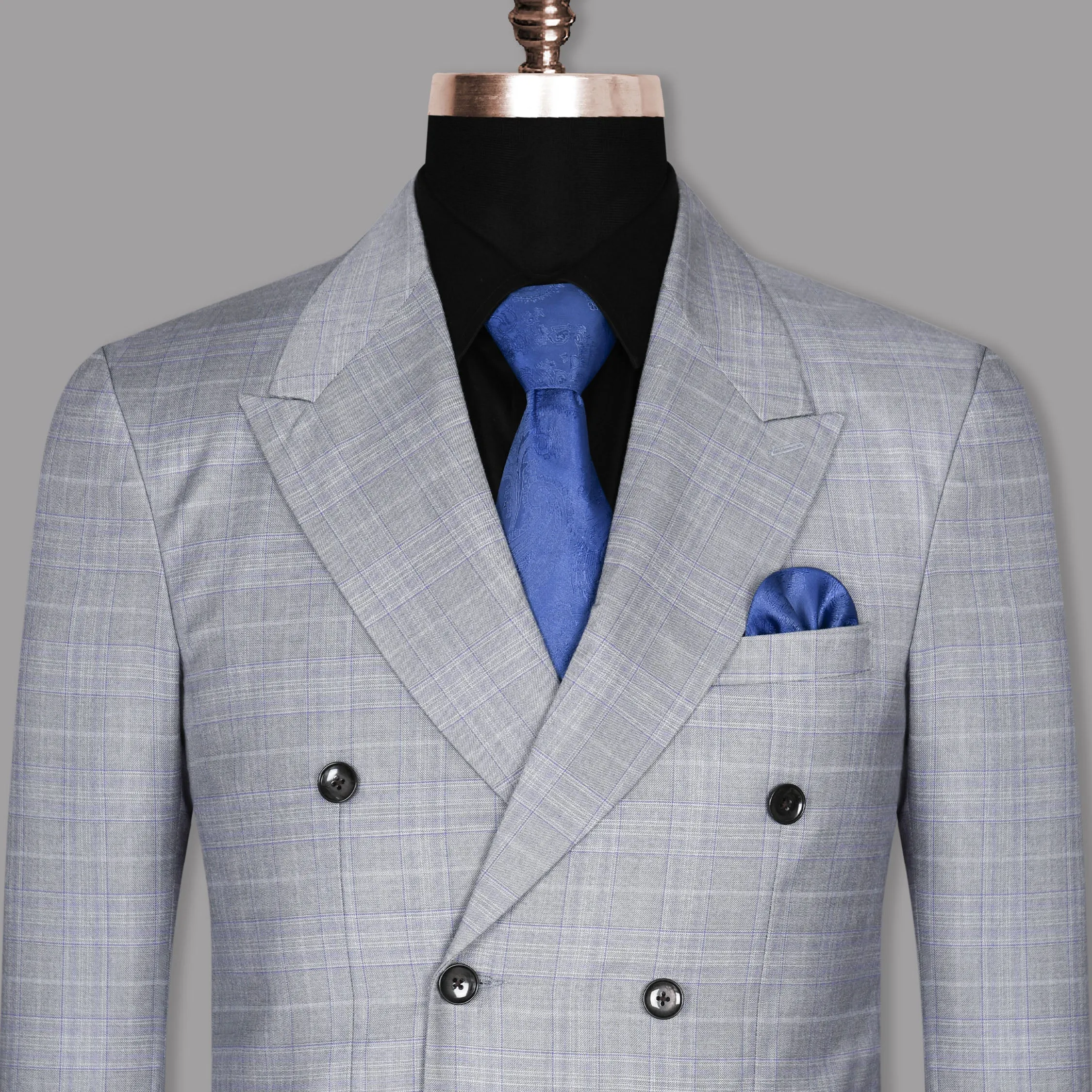 Aluminum Grey with Subtle Purple Checked Double Breasted Blazer