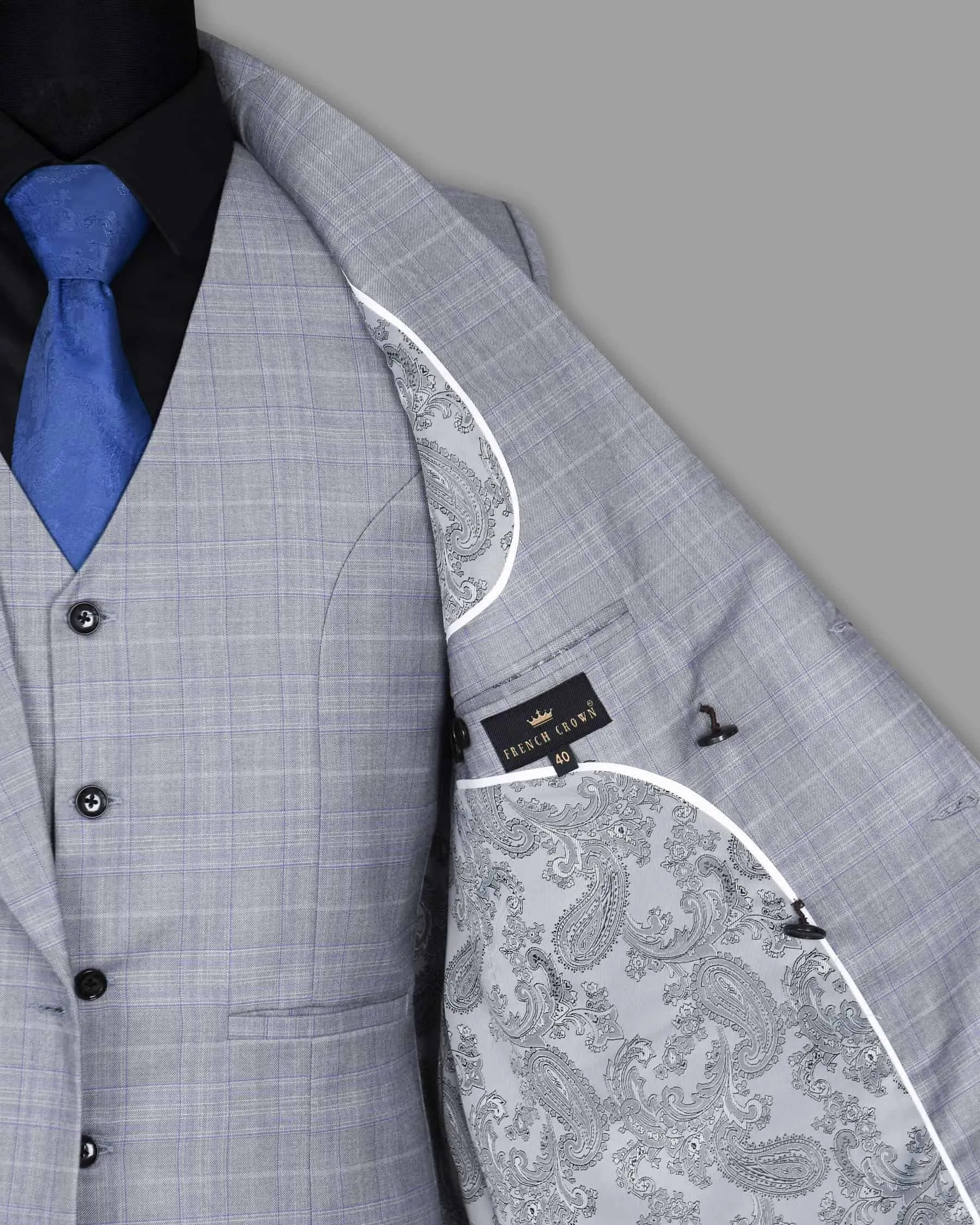 Aluminum Grey with Subtle Purple Checked Double Breasted Blazer