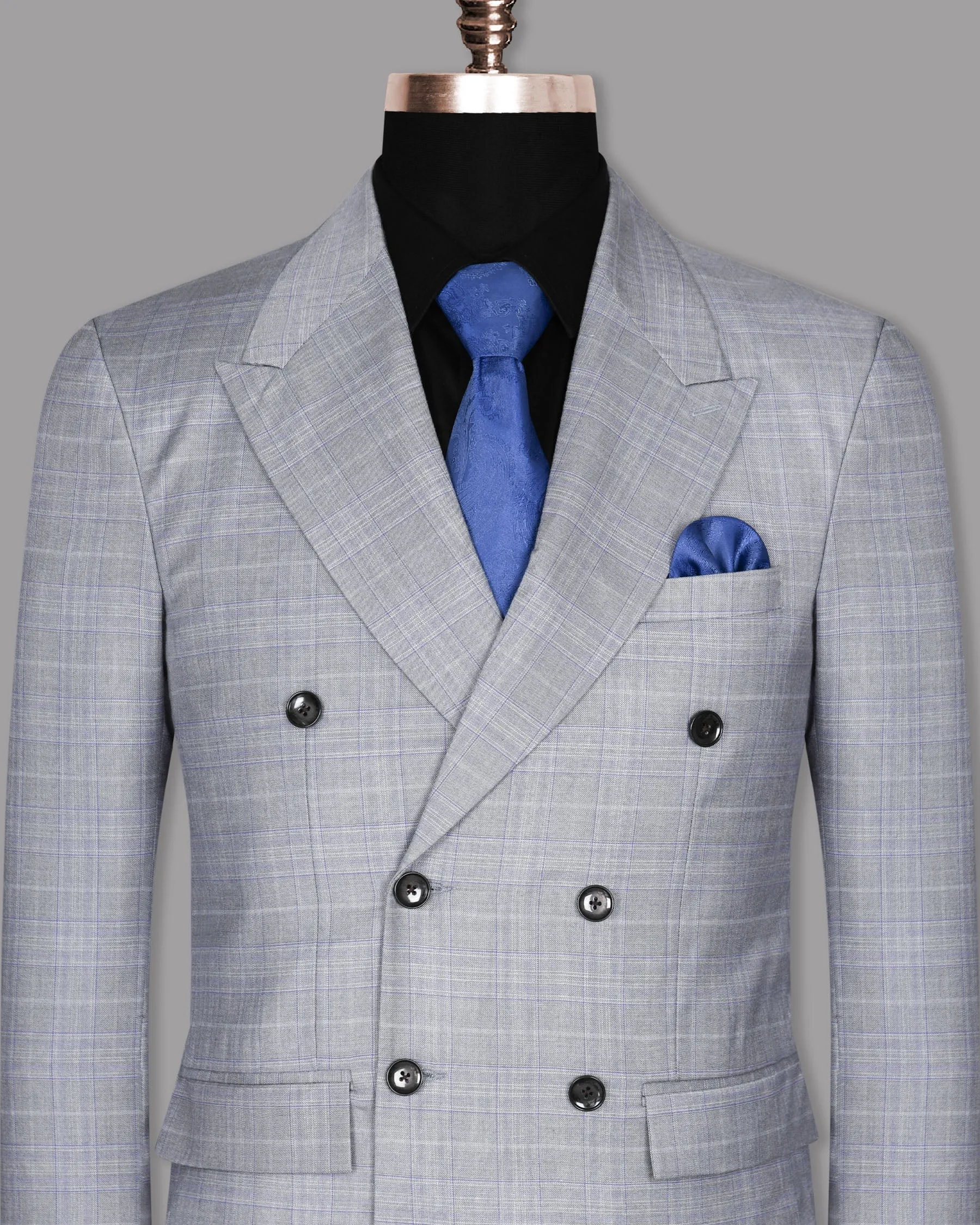 Aluminum Grey with Subtle Purple Checked Double Breasted Blazer