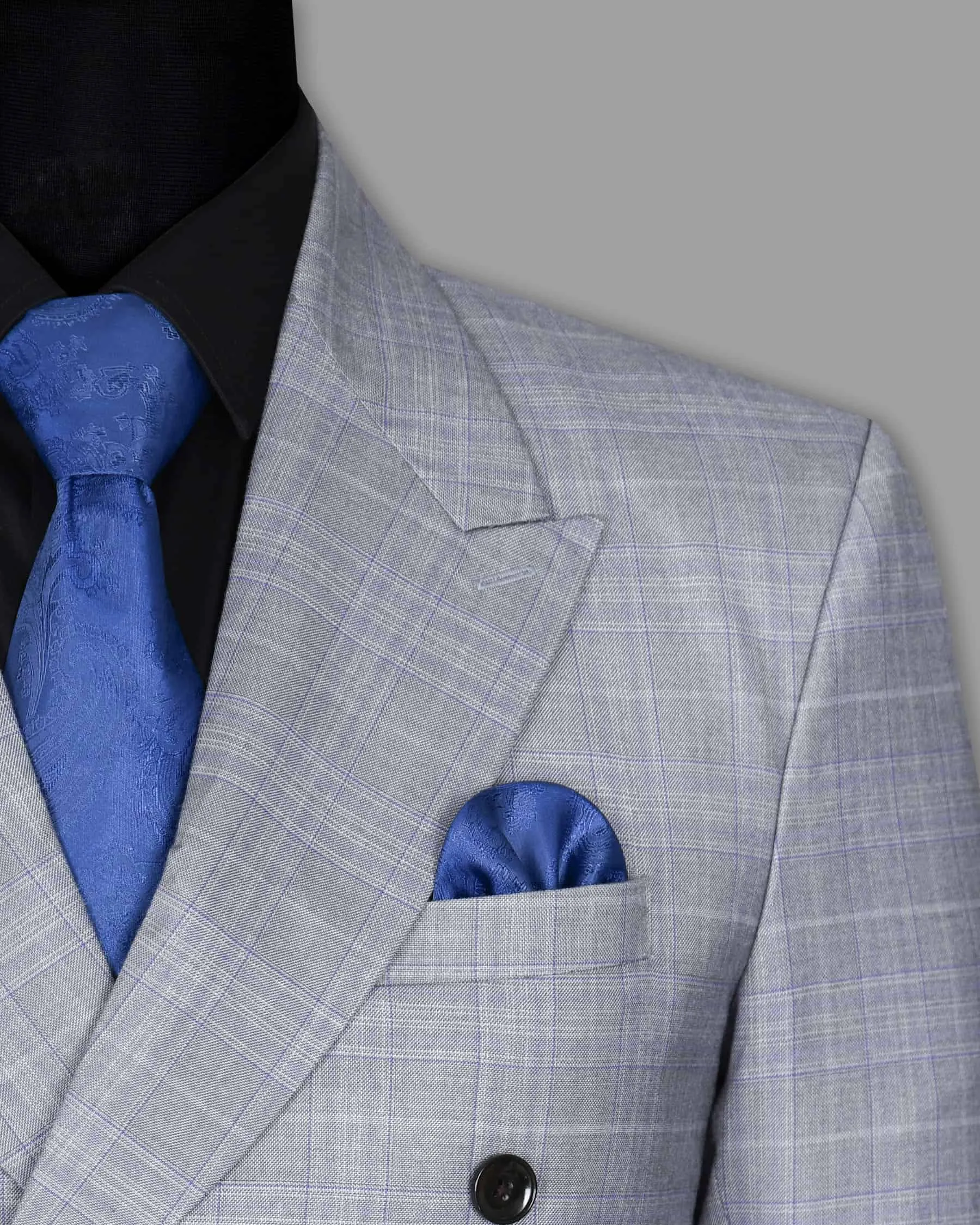 Aluminum Grey with Subtle Purple Checked Double Breasted Blazer