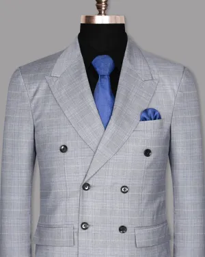 Aluminum Grey with Subtle Purple Checked Double Breasted Blazer