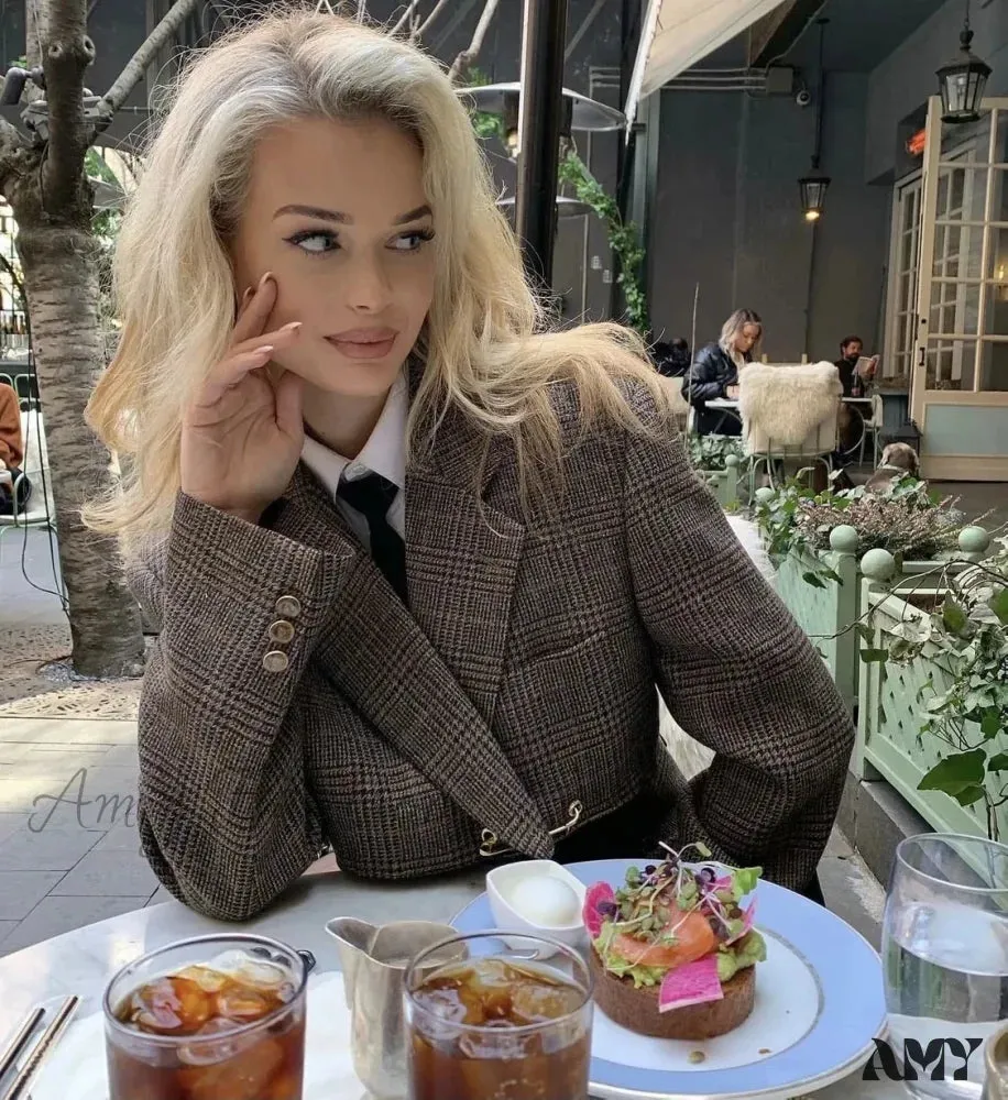 Amy Fashion - Tweed Sexy Office Split Short Blazers Fashion Suits