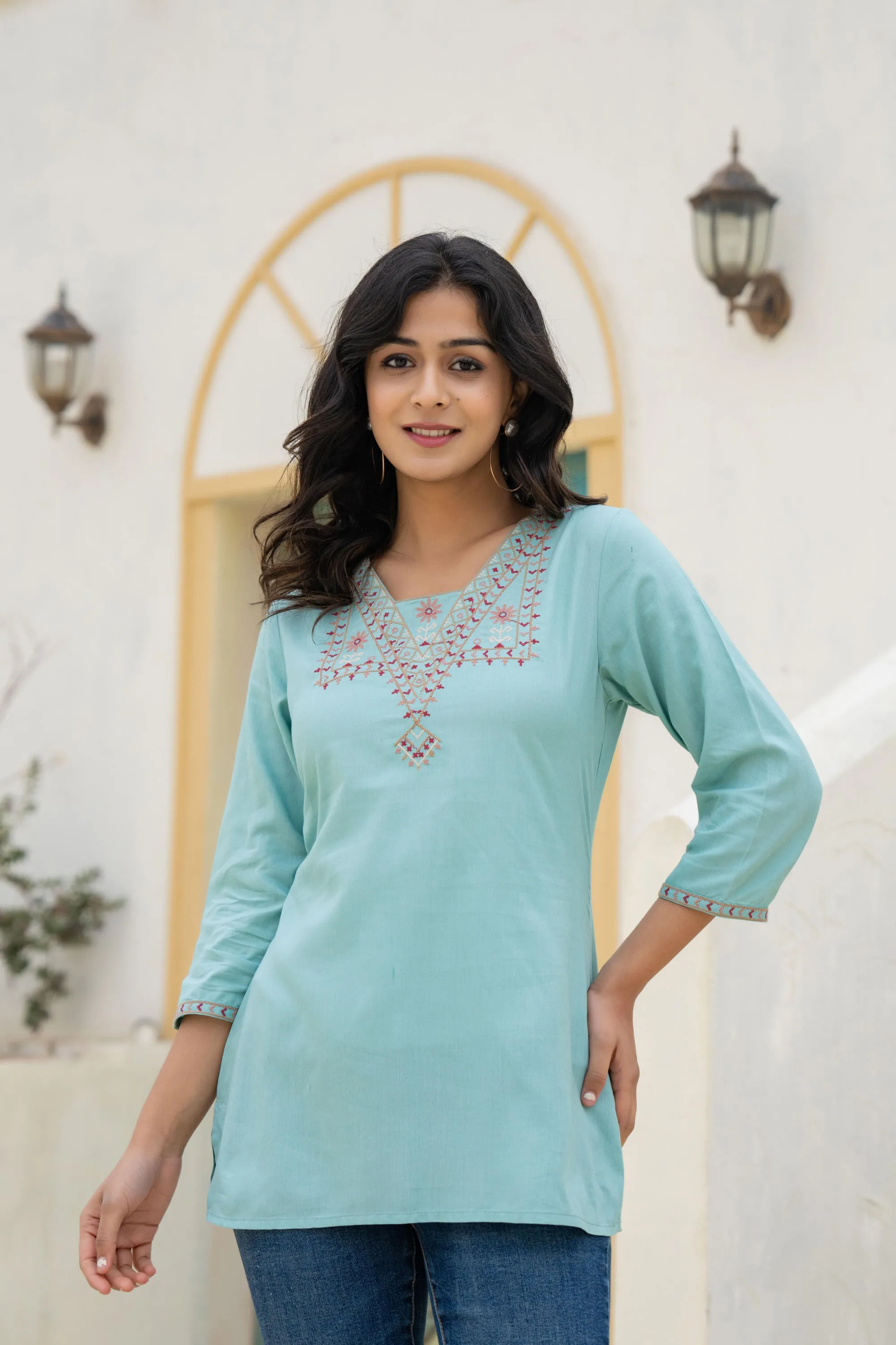 Aqua Solid  Viscose Tunic With Thread Work