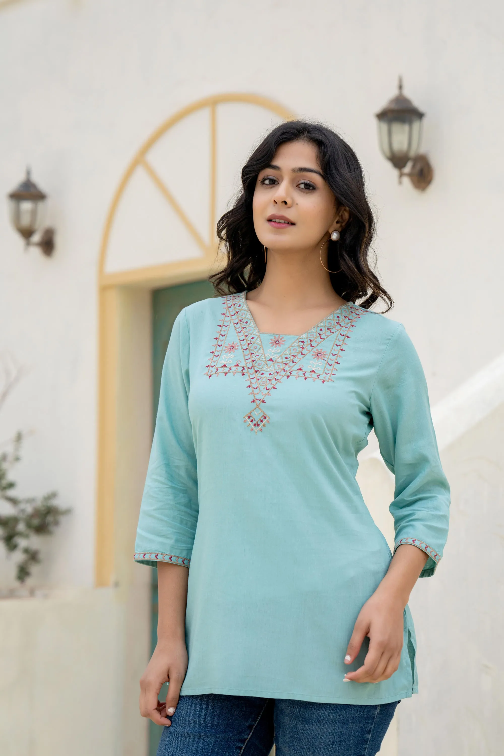 Aqua Solid  Viscose Tunic With Thread Work