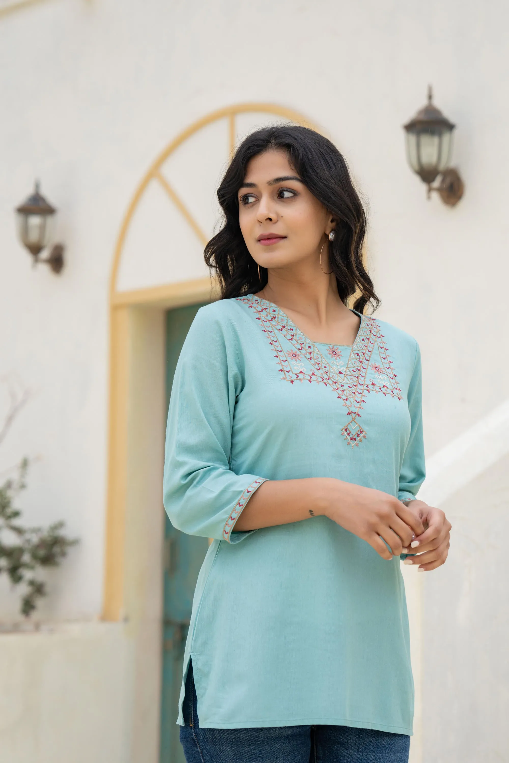 Aqua Solid  Viscose Tunic With Thread Work