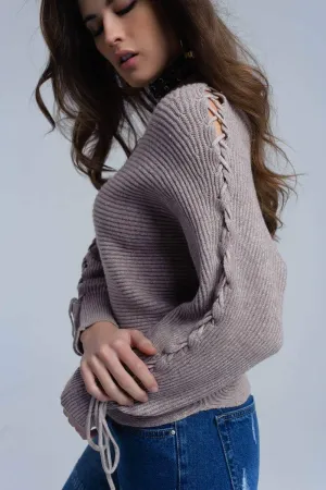 Beige crop sweater with tie ribbons