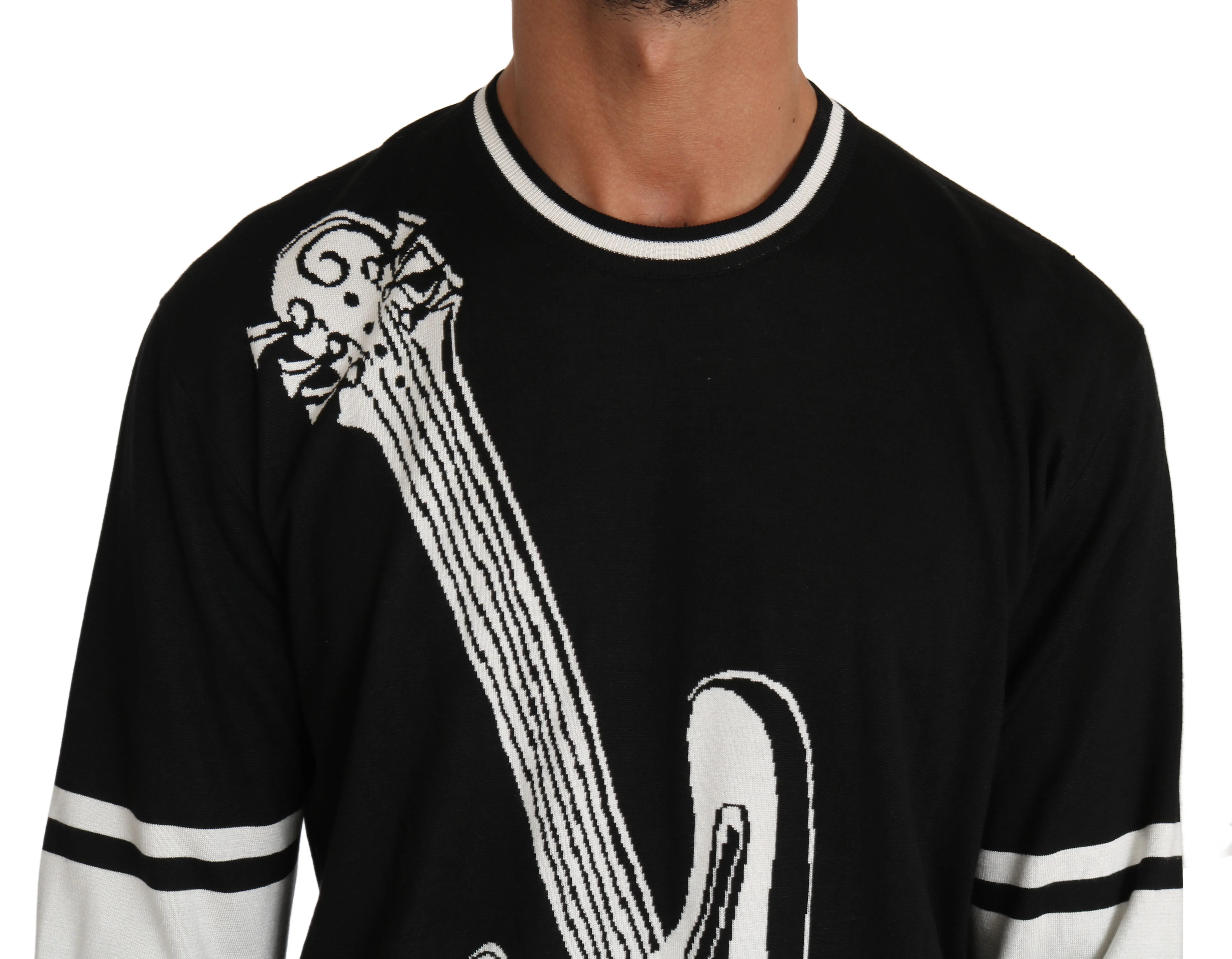 Black Cotton Guitar Crewneck Pullover Sweater