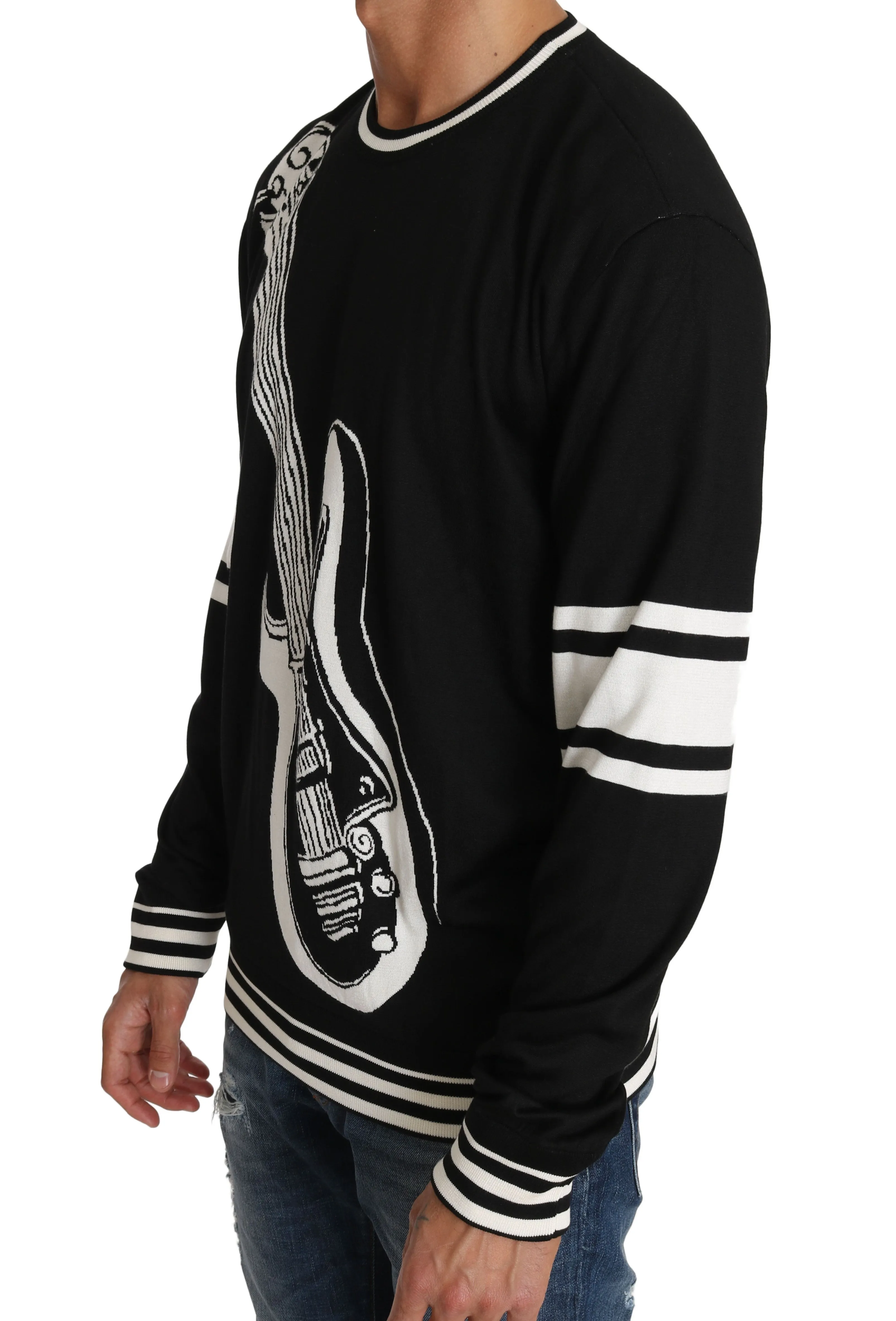 Black Cotton Guitar Crewneck Pullover Sweater