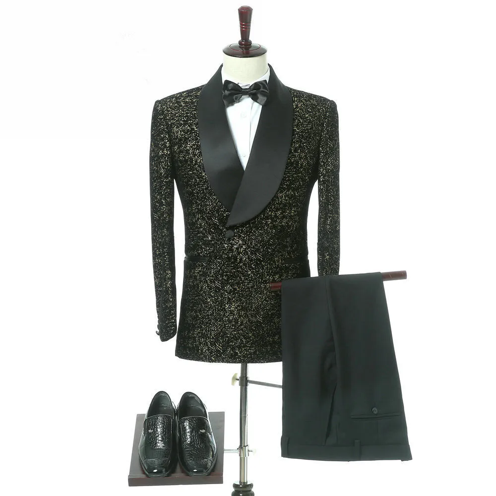 Black Slim Fit Shawl Lapel Double Breasted Wedding Groom Suits