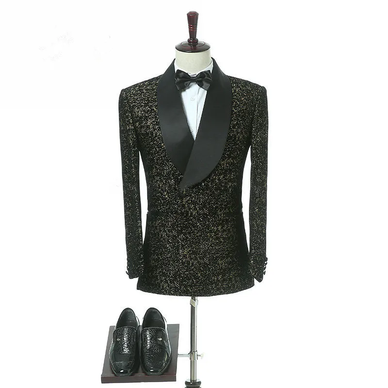 Black Slim Fit Shawl Lapel Double Breasted Wedding Groom Suits