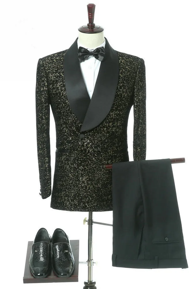 Black Slim Fit Shawl Lapel Double Breasted Wedding Groom Suits