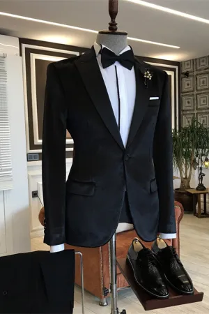 Black Velvet One Button Peaked Lapel Slim Fit Men Suits