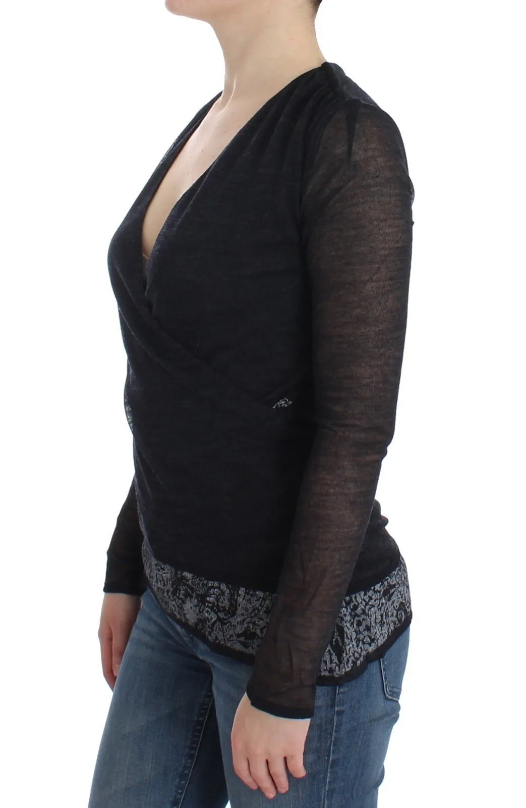 Black Wool Blend Stretch Long Sleeve Sweater