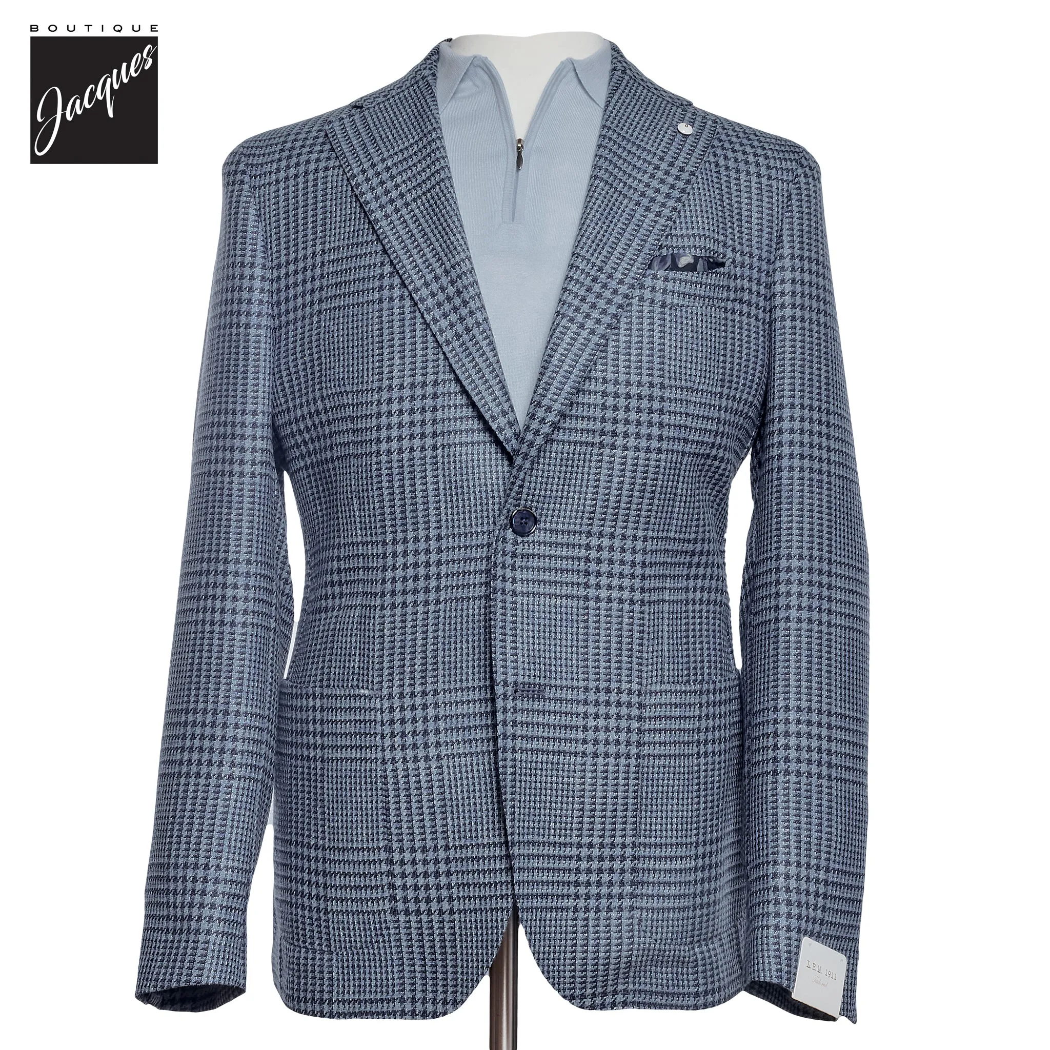 Blue Houndstooth/Check Wool-Silk-Linen Unconstructed Sport Jacket - L.B.M 1911