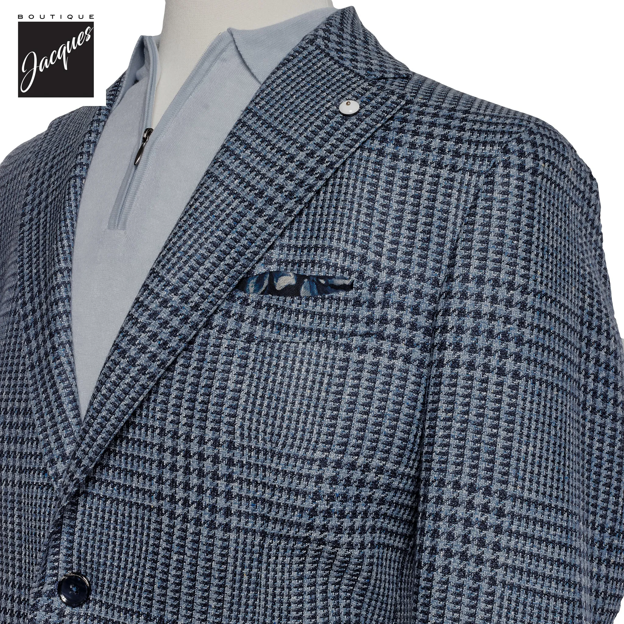 Blue Houndstooth/Check Wool-Silk-Linen Unconstructed Sport Jacket - L.B.M 1911