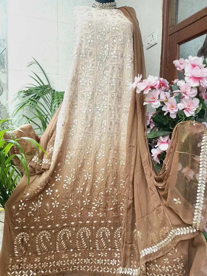 Brown Ombre Pure Georgette Lucknowi Chinkari Gota Patti Salwar Suit Material