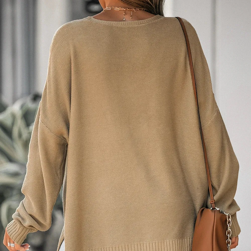 Brown V-neck Long Sleeve Sweater
