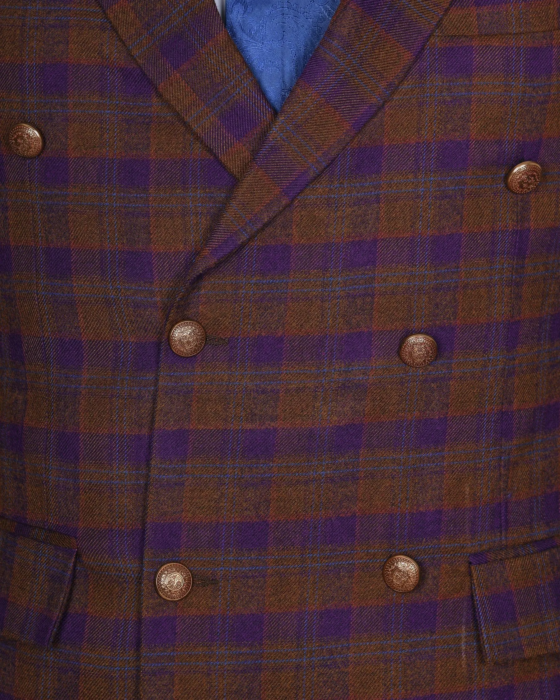 Brown with Purple Checked Flannel Wool Double Breasted Tweed Blazer