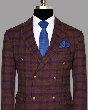 Brown with Purple Checked Flannel Wool Double Breasted Tweed Blazer