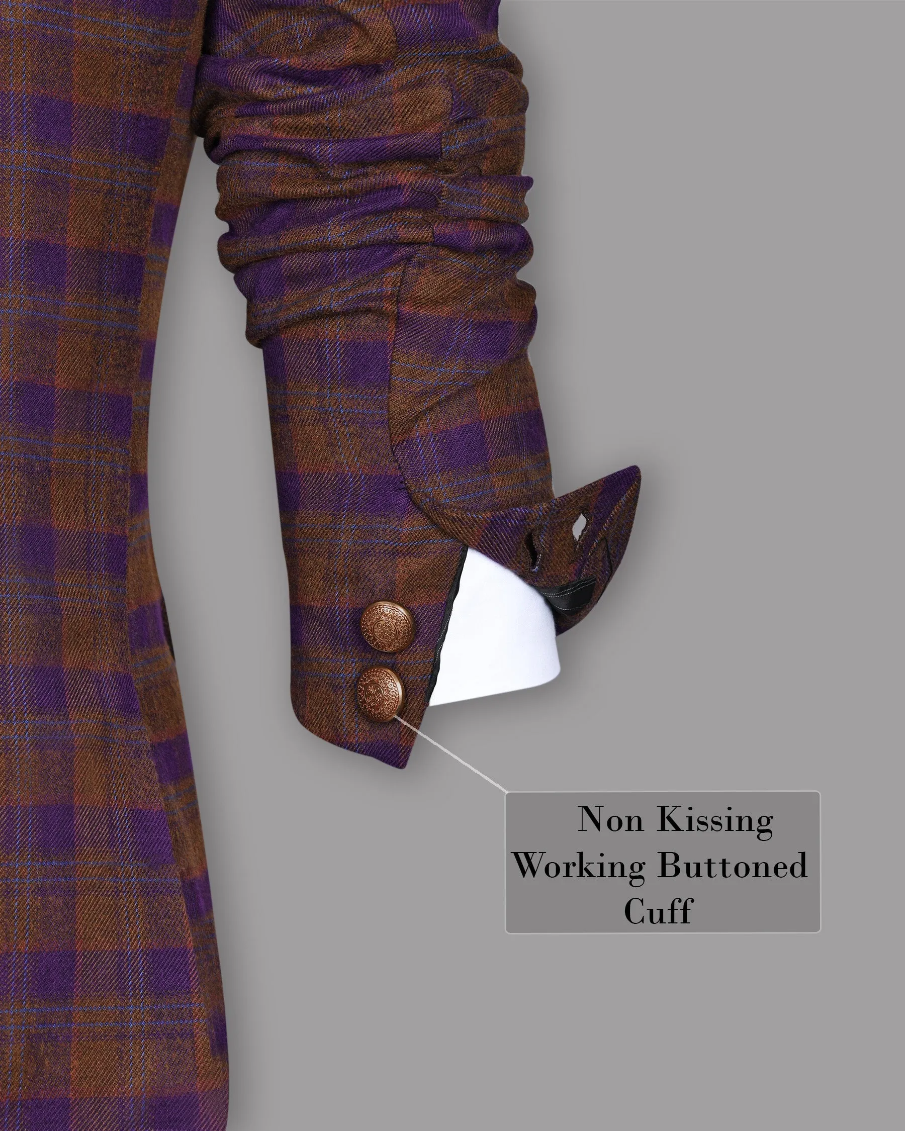 Brown with Purple Checked Flannel Wool Double Breasted Tweed Blazer