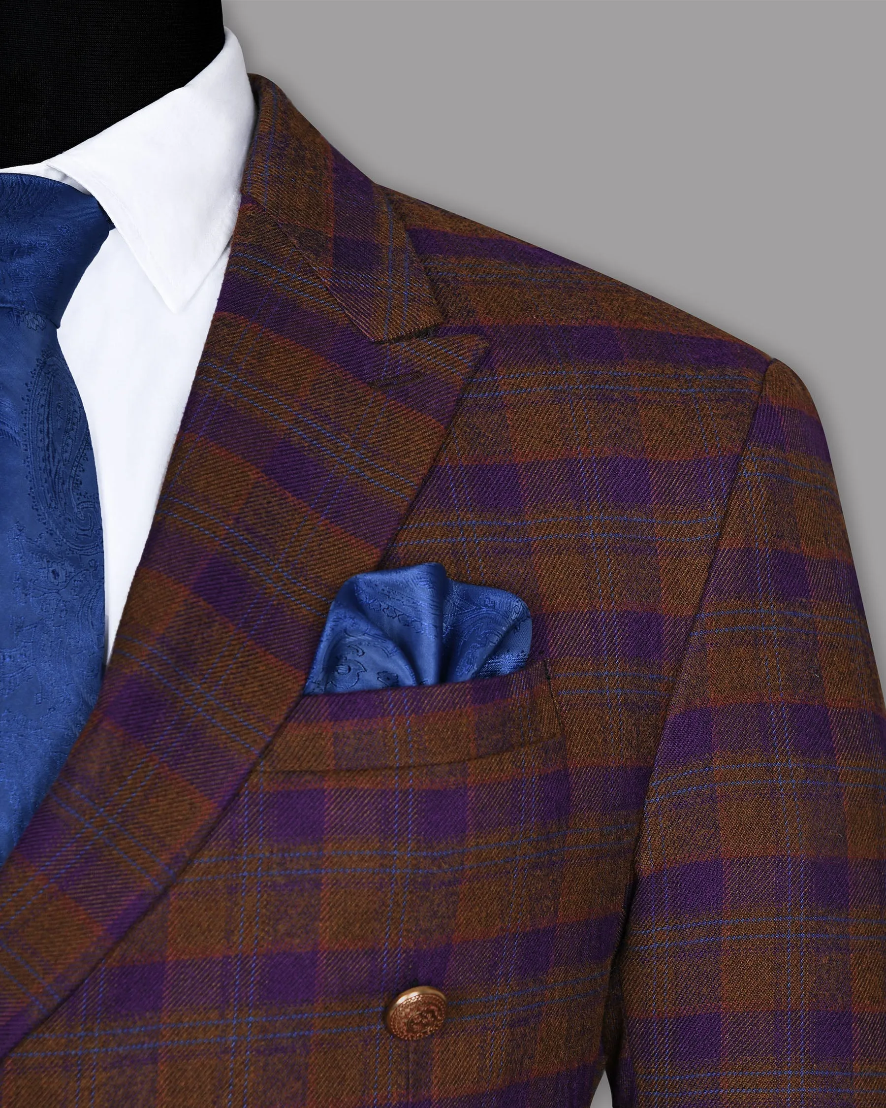Brown with Purple Checked Flannel Wool Double Breasted Tweed Blazer