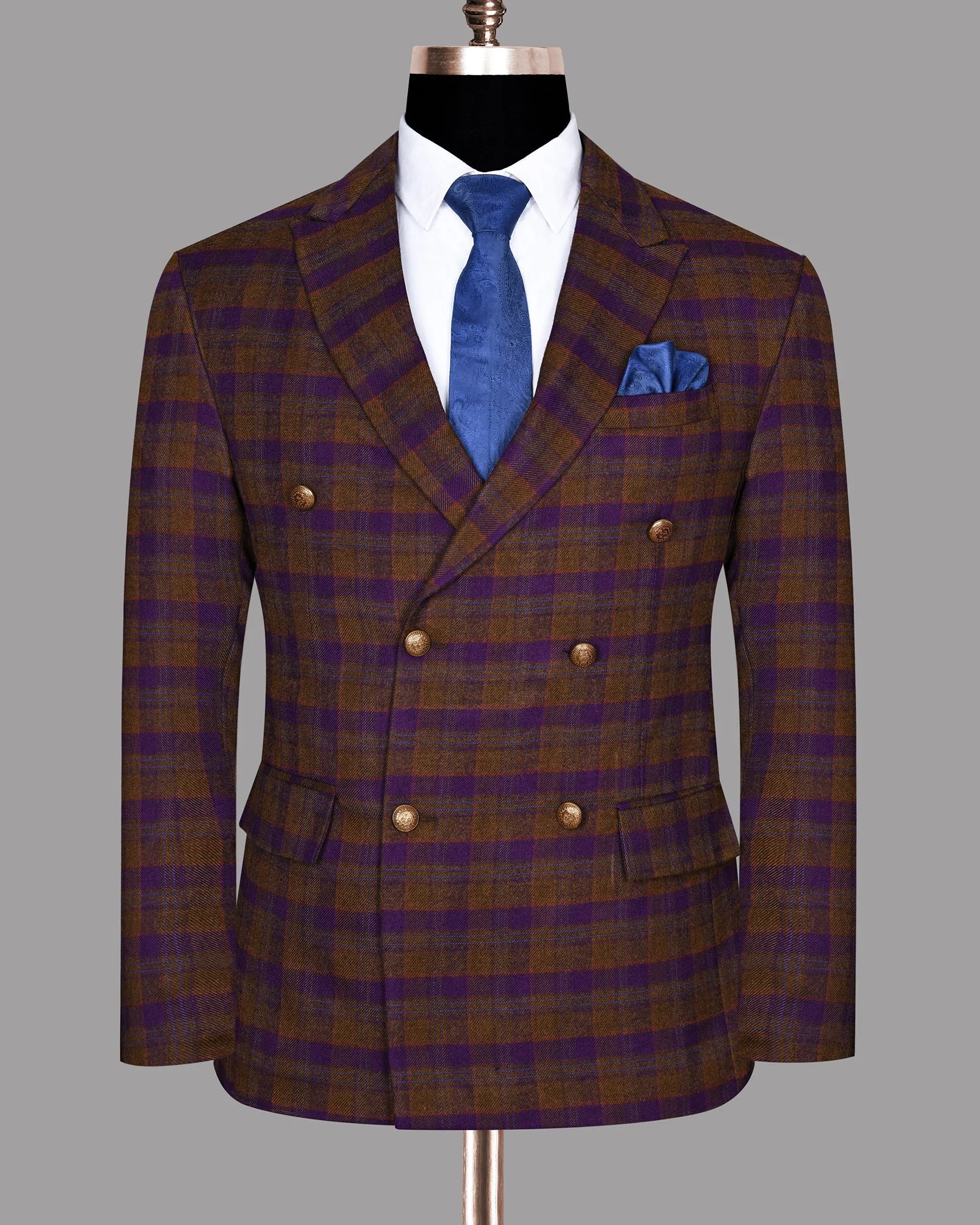 Brown with Purple Checked Flannel Wool Double Breasted Tweed Blazer