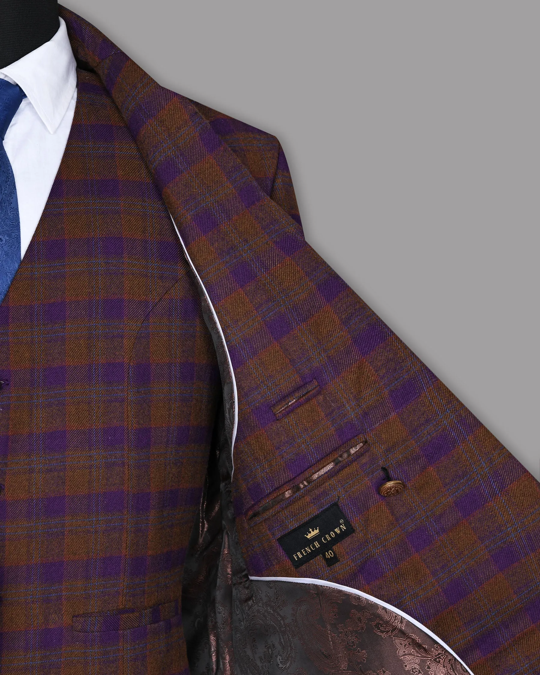 Brown with Purple Checked Flannel Wool Double Breasted Tweed Blazer