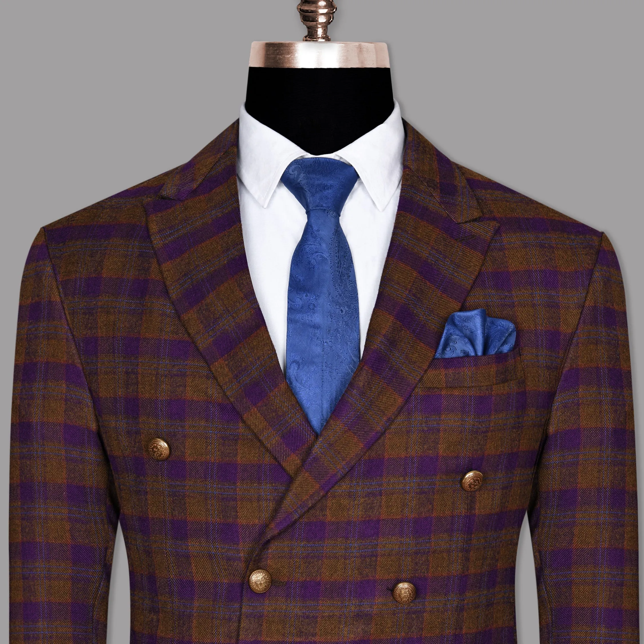 Brown with Purple Checked Flannel Wool Double Breasted Tweed Blazer