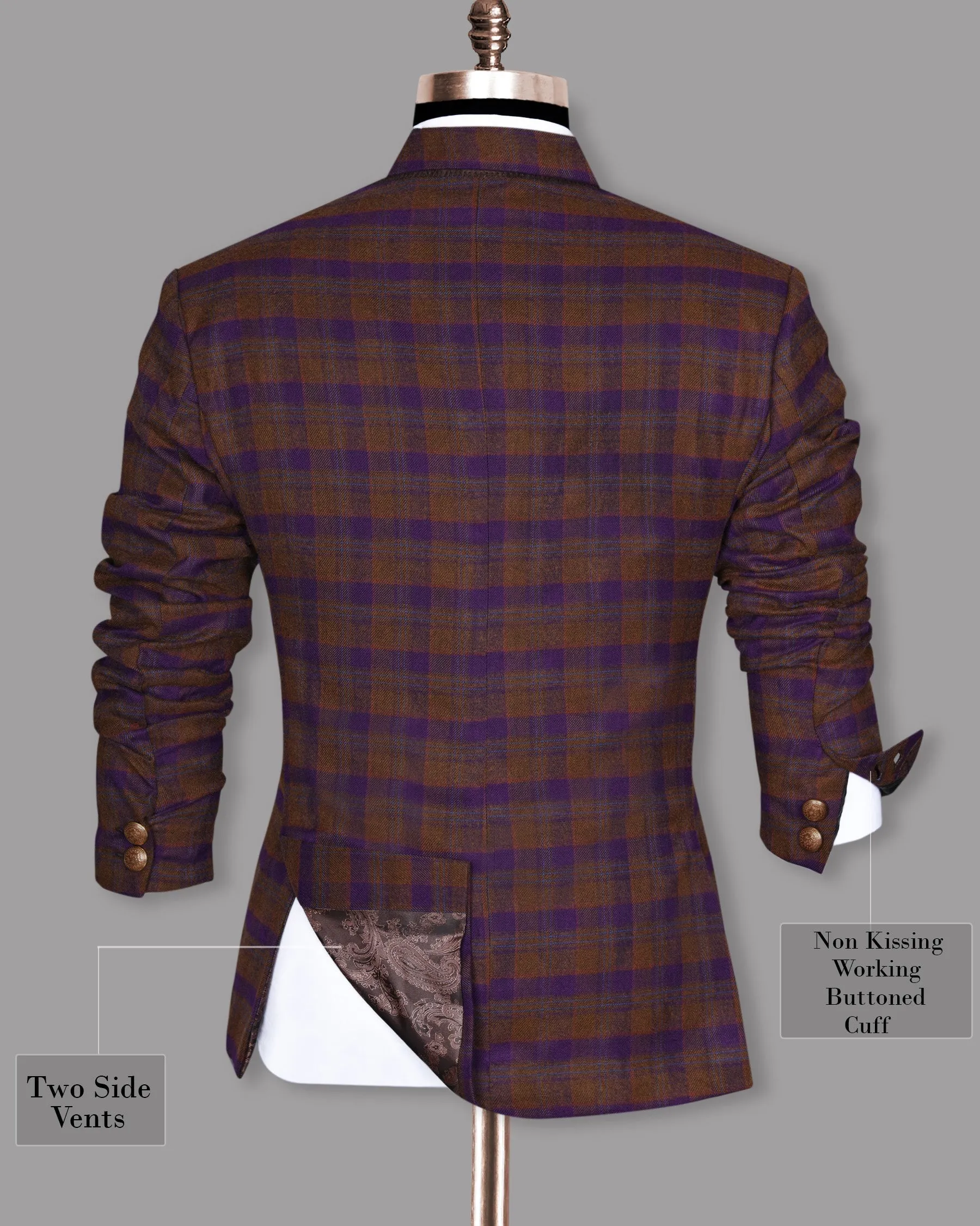 Brown with Purple Checked Flannel Wool Double Breasted Tweed Blazer