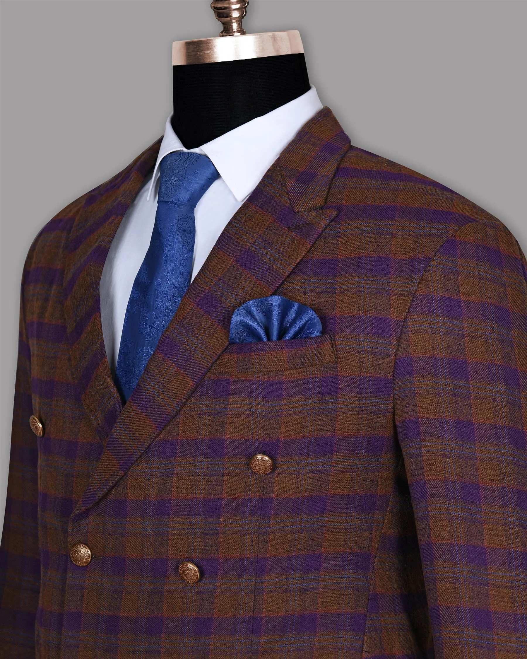 Brown with Purple Checked Flannel Wool Double Breasted Tweed Blazer