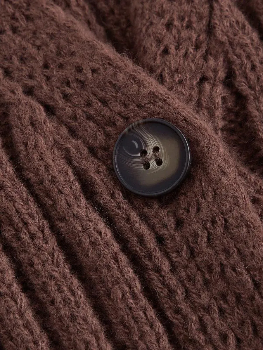 Brunella Ribbed Knit Button-Down Cardigan with Fringe in Brown