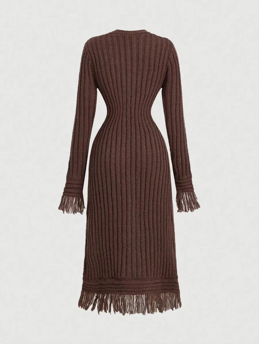 Brunella Ribbed Knit Button-Down Cardigan with Fringe in Brown