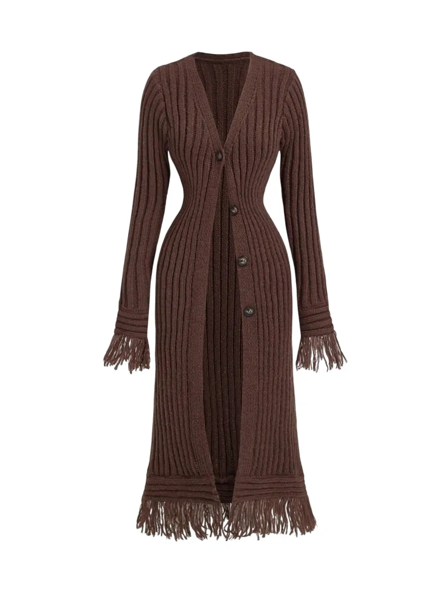 Brunella Ribbed Knit Button-Down Cardigan with Fringe in Brown
