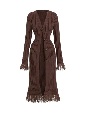 Brunella Ribbed Knit Button-Down Cardigan with Fringe in Brown
