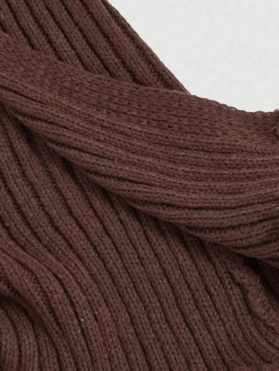 Brunella Ribbed Knit Button-Down Cardigan with Fringe in Brown